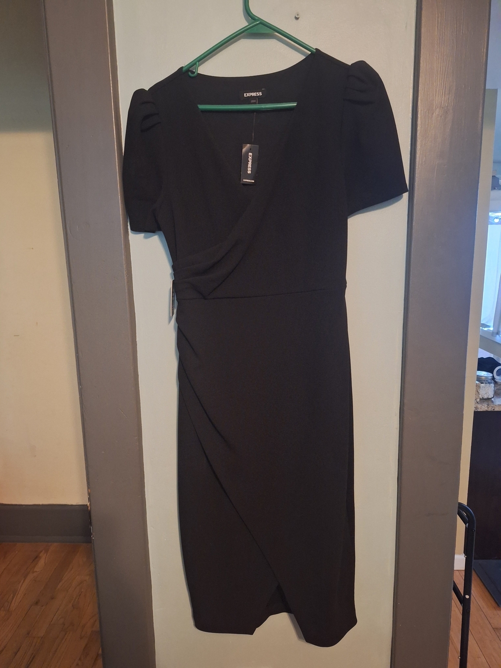 Express Black Puff-Sleeve Wrap Midi Dress